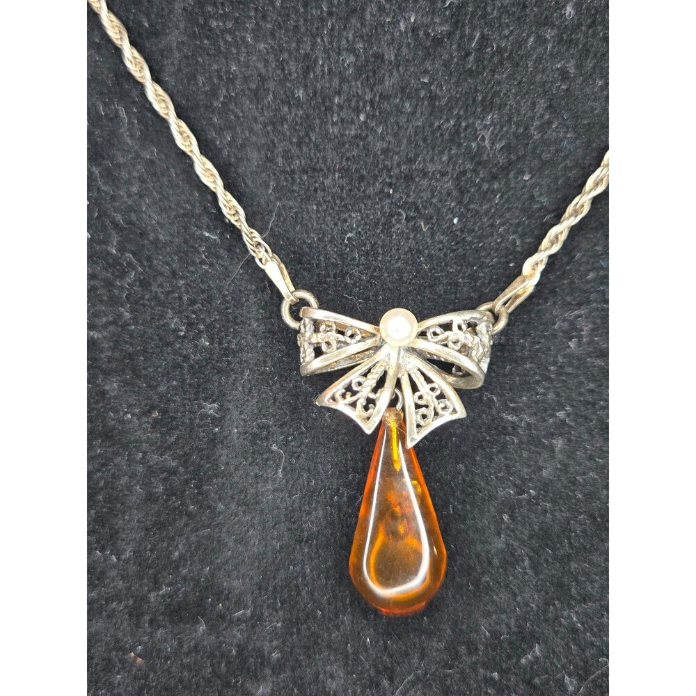 Silver Tone Necklace Bow with Faux Amber Drop and Faux Pearl